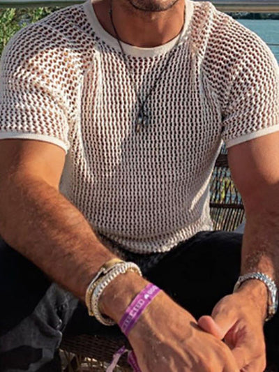 Men's Openwork Round Neck Short Sleeve T-Shirt for Style