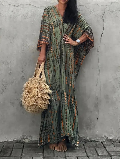 Tie-Dye V-Neck Maxi Dress with Flowy Sleeves