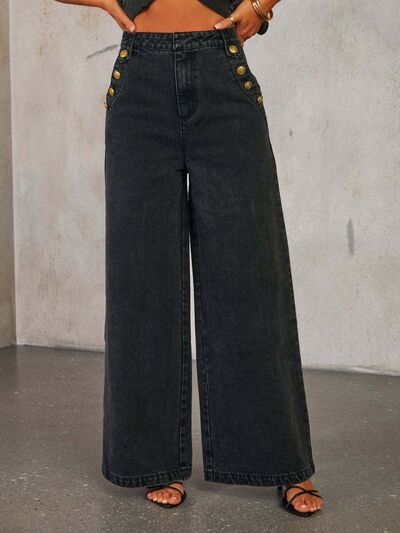 Trendy Button Decor High Rise Wide Leg Jeans - Casual Chic