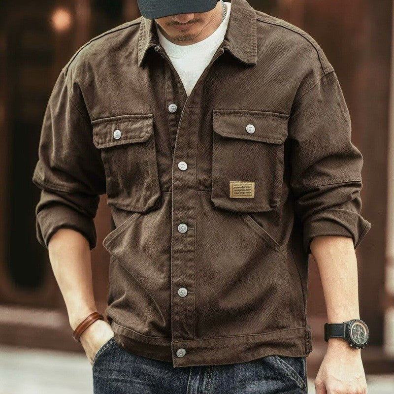 Men's Washed Collared Neck Cargo Jacket for Stylish Comfort