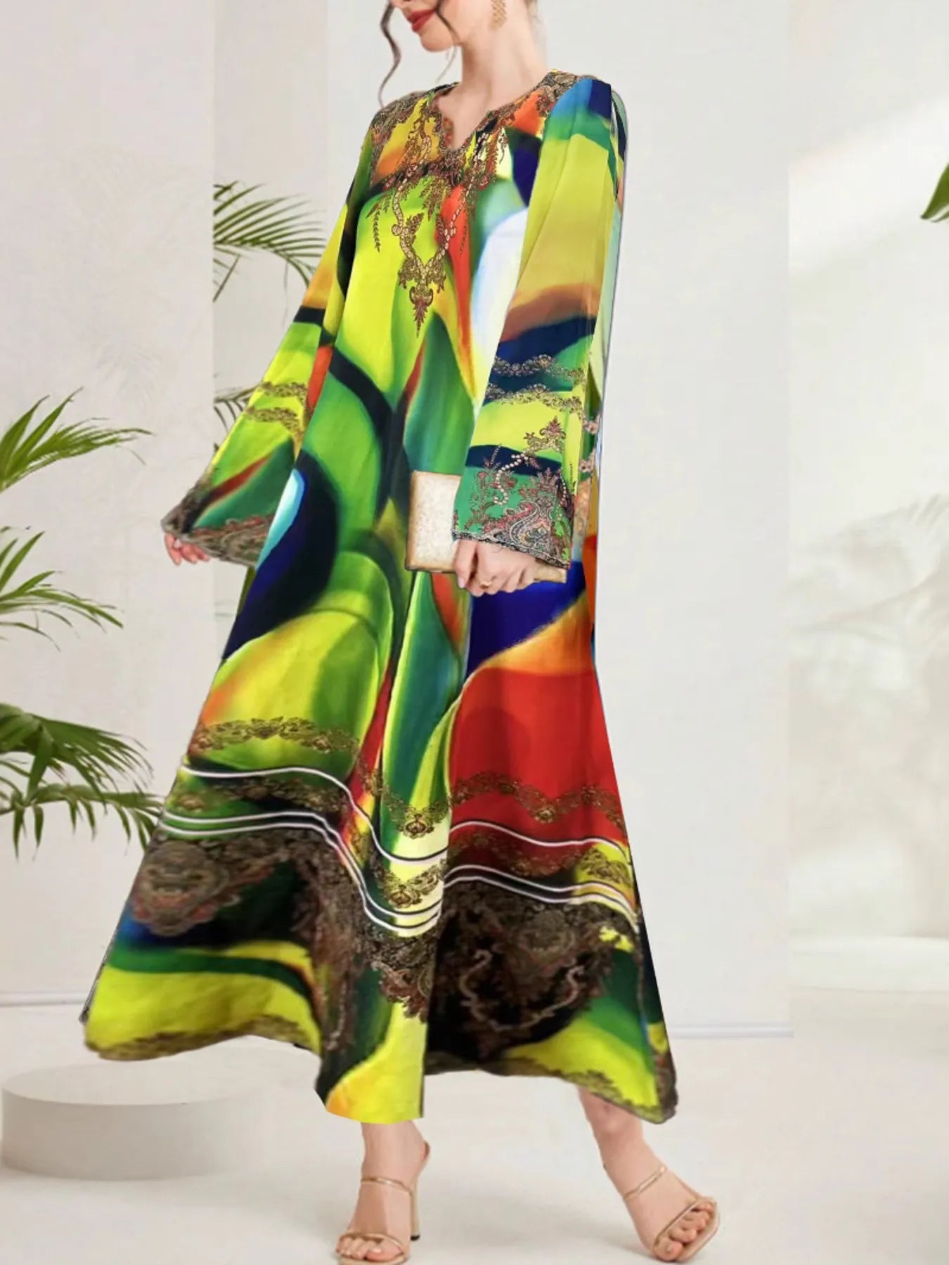 Multi-Color Abstract Print Notched Maxi Dress