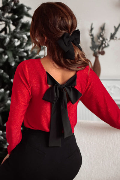 Elegant Bowknot V-Neck Blouse in Shimmering Red Fabric