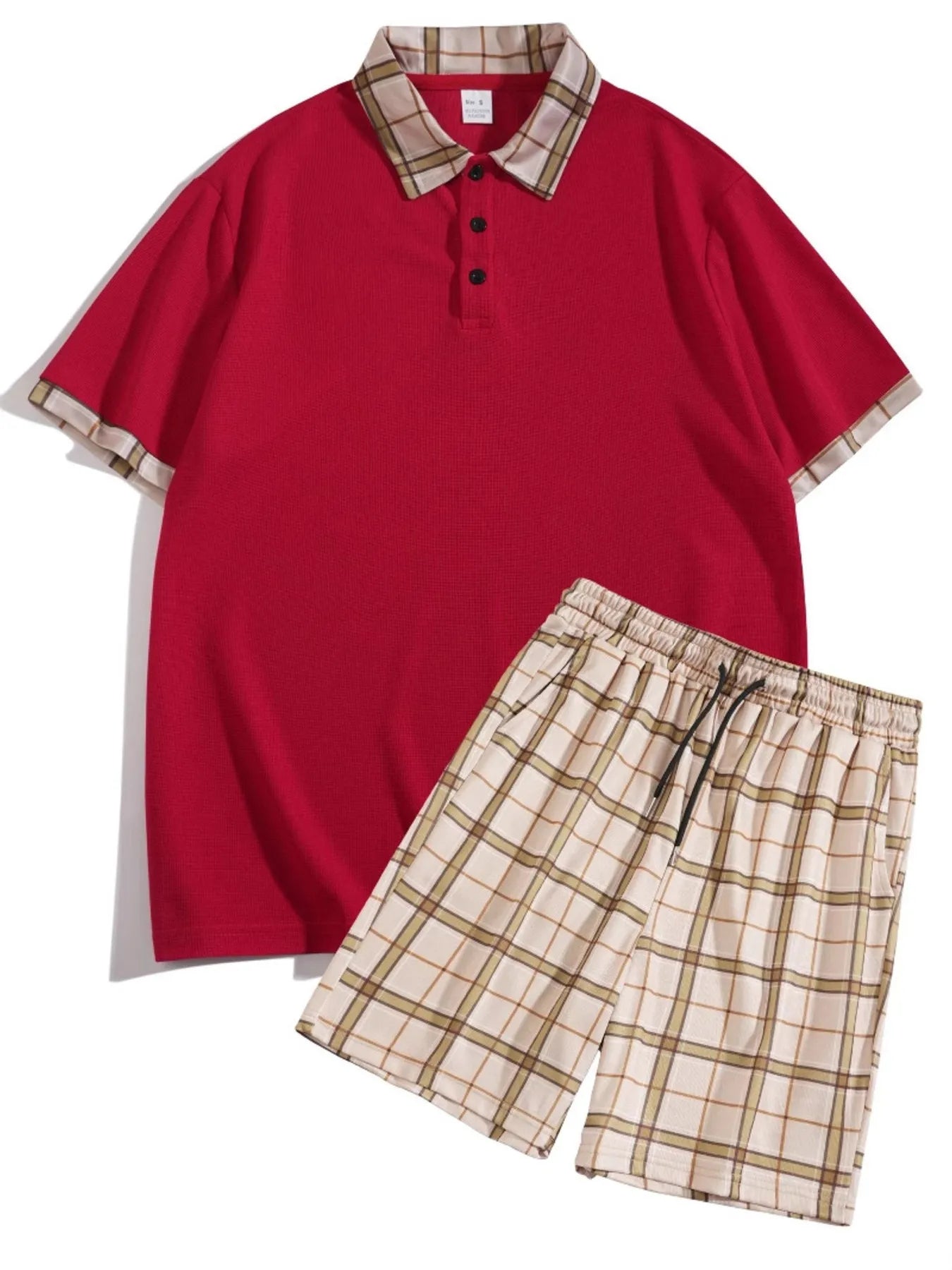 Men's Full Size Classic Plaid Collar Polo and Shorts Set Plus Size