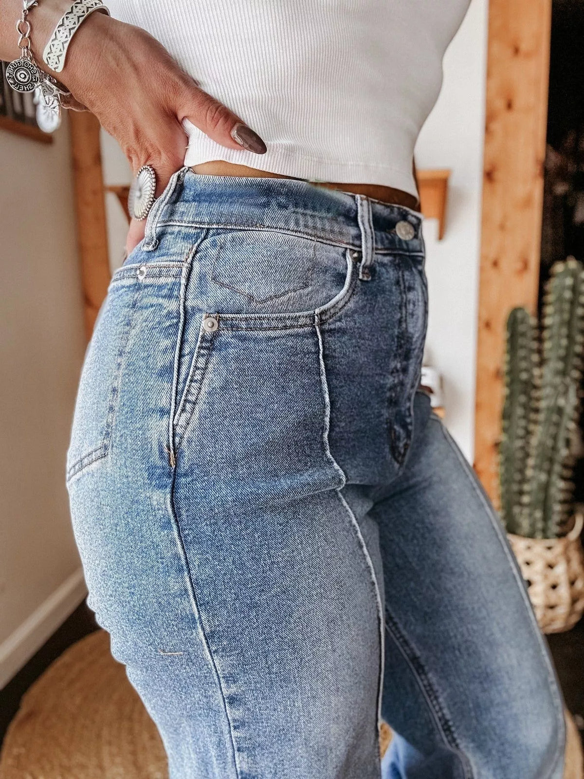 High-Waisted Wide Leg Cuffed Jeans