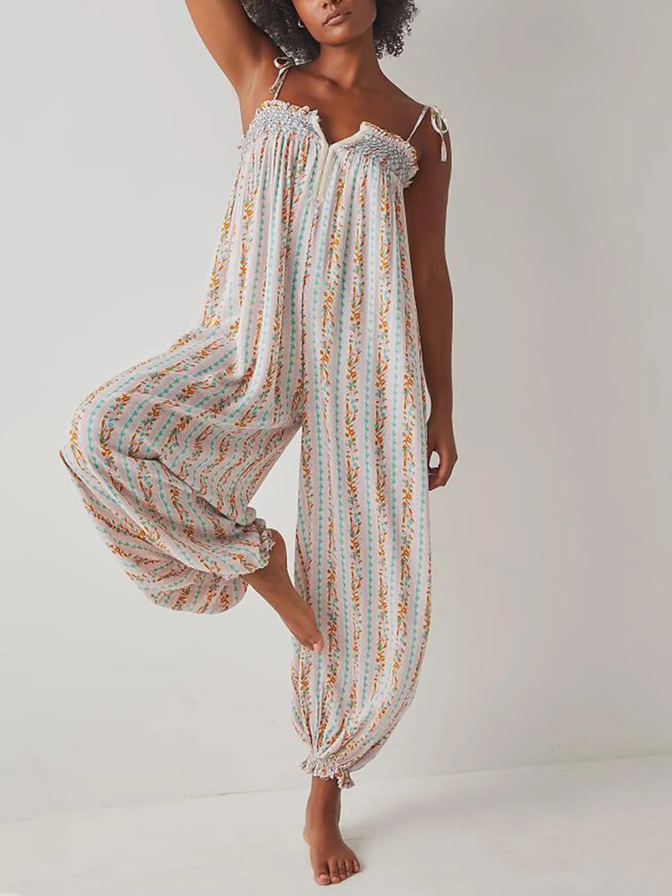Smocked Tie Shoulder Jumpsuit