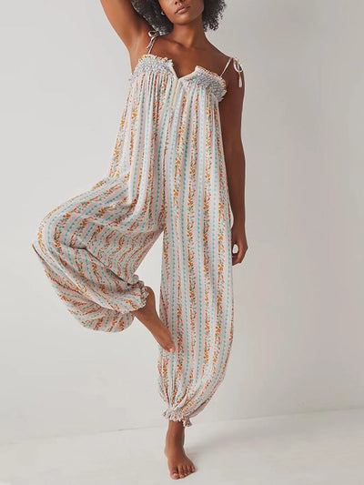 Smocked Tie Shoulder Jumpsuit