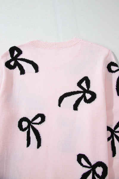 Chic Bow Design Loose Fit Sweater in Soft Pink Hue