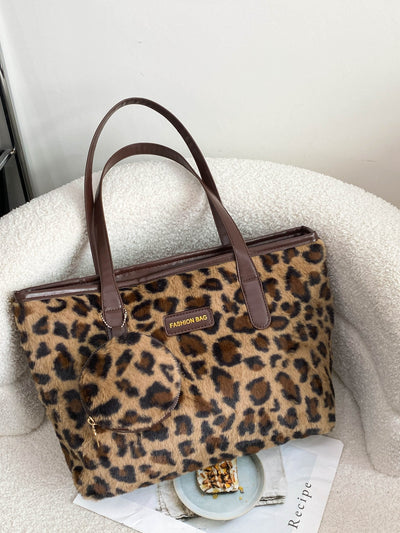 Leopard Faux Fur Tote Bag with Coin Purse for Chic Style