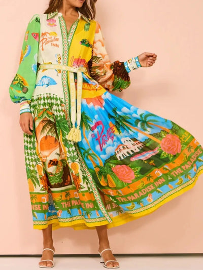 Printed Lantern Sleeve Midi Shirt Dress