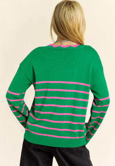 Chic Bow Striped V-Neck Cardigan - Cozy, Trendy, Fashionable