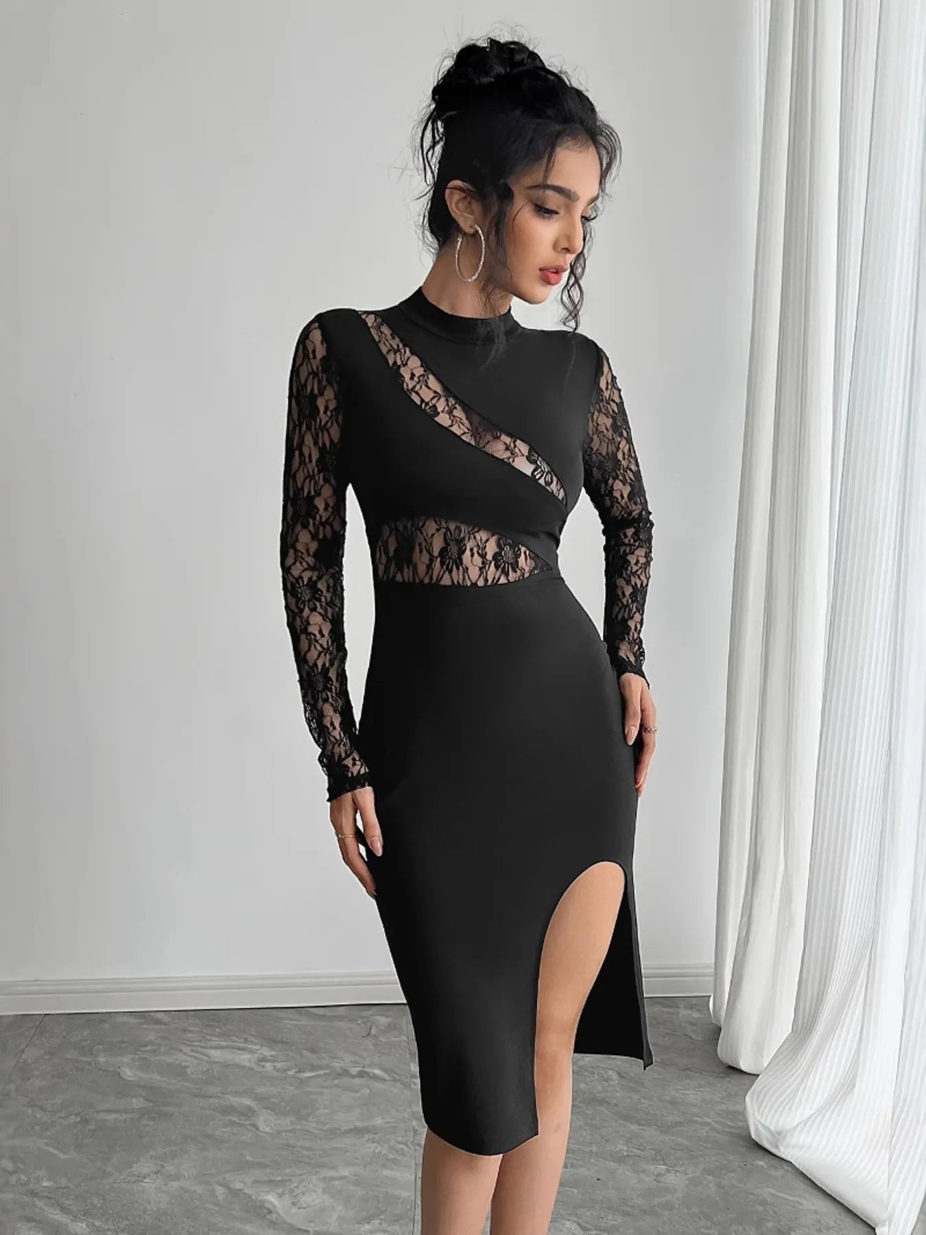 Lace Mock Neck Slit Dress