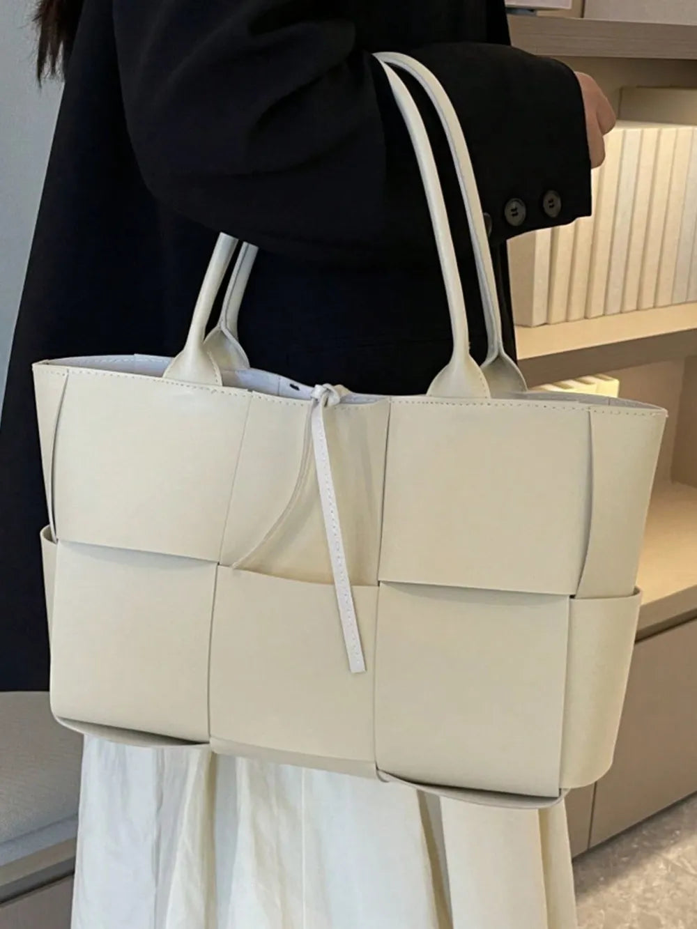 PU Leather Woven Handbag and Clutch Set
