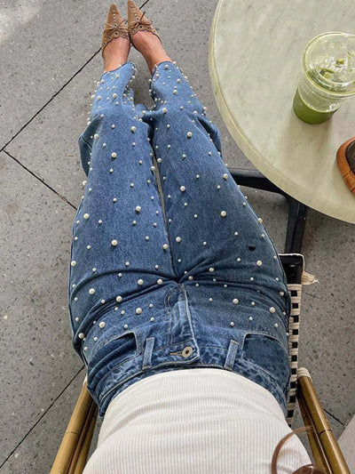 Pearl Embellished High Waist Straight Leg Jeans