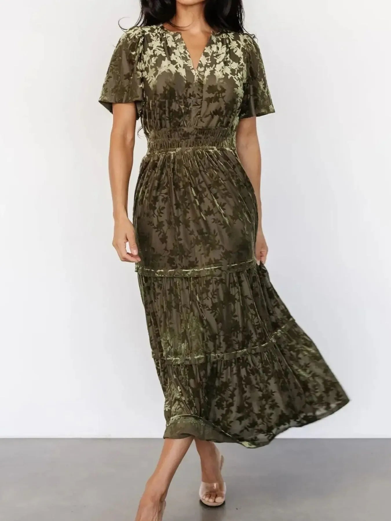 Notched Short Sleeve Tiered Dress