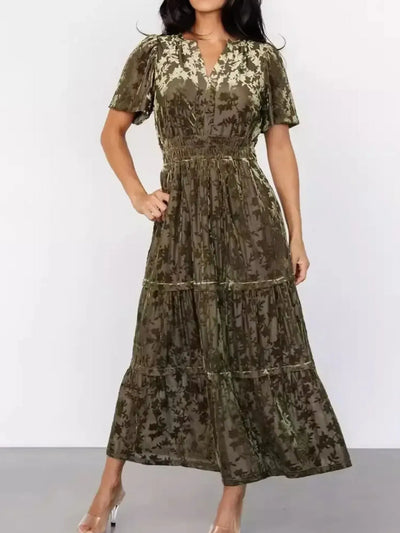 Notched Short Sleeve Tiered Dress