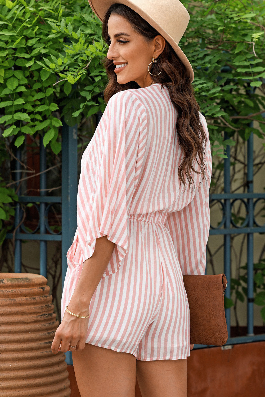 Chic Pink Striped Kimono Sleeve Romper with Bow Detail