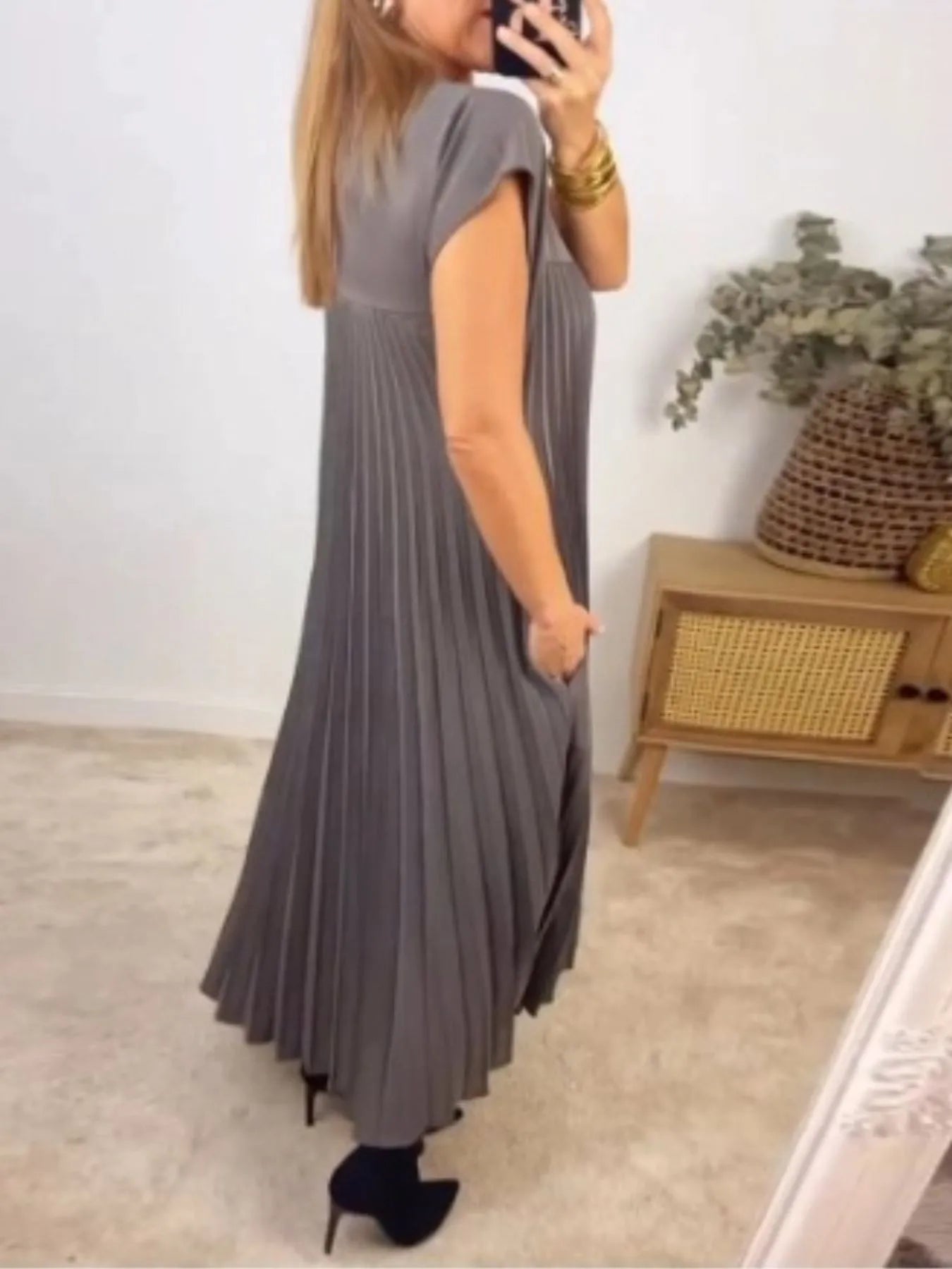 Full Size Pleated Round Neck Maxi Dress Plus Size