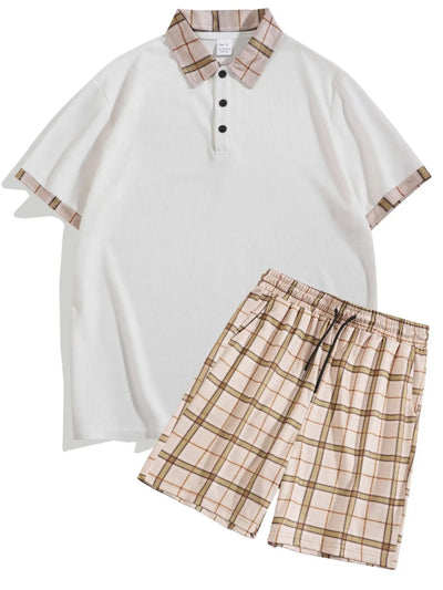 Men's Full Size Classic Plaid Collar Polo and Shorts Set Plus Size