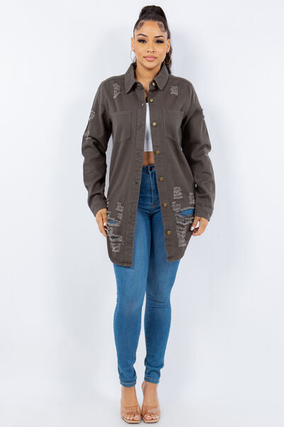 Trendy Distressed Denim Jacket with Button-Up Front