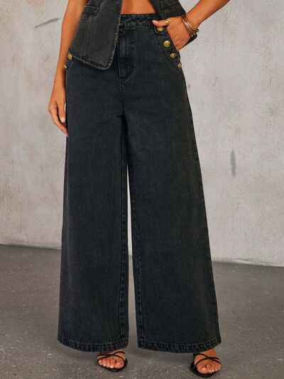Trendy Button Decor High Rise Wide Leg Jeans - Casual Chic