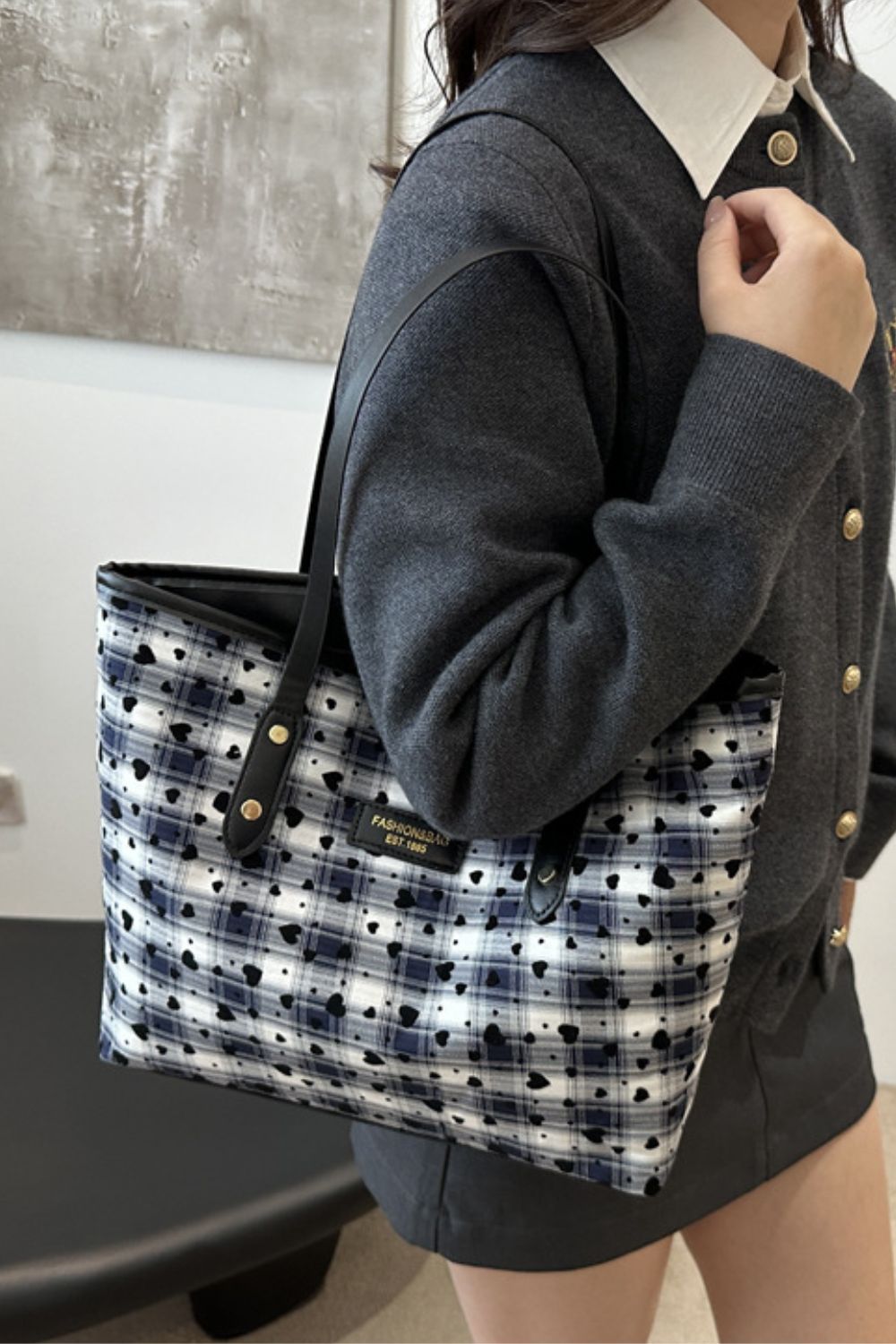 Heart Plaid PU Leather Strap Tote Bag for Stylish Women