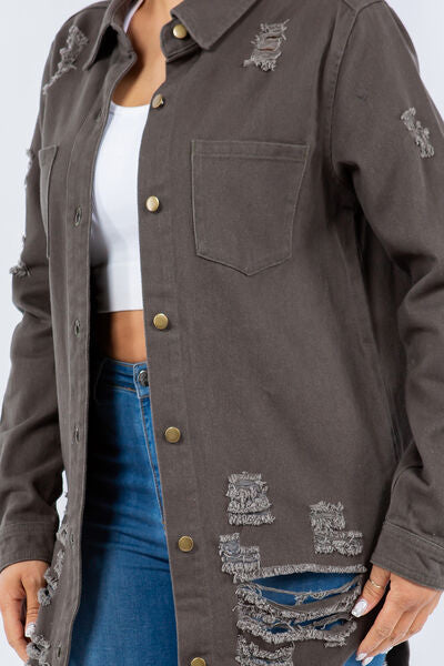 Trendy Distressed Denim Jacket with Button-Up Front