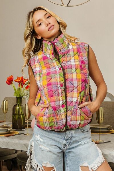 Women's Fashion Quilted Plaid Snap Vest - Casual Outerwear