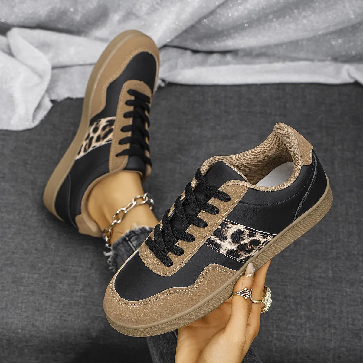 Leopard Lace Up Round Toe Sneakers