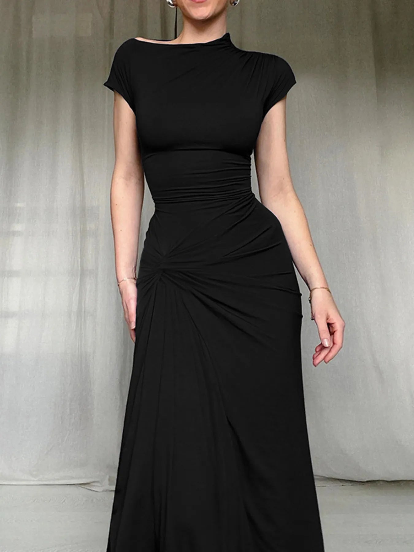 Ruched Slit Cap Sleeve Maxi Dress