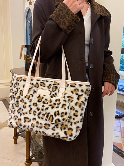 Leopard Faux Fur Tote Bag with Coin Purse for Chic Style
