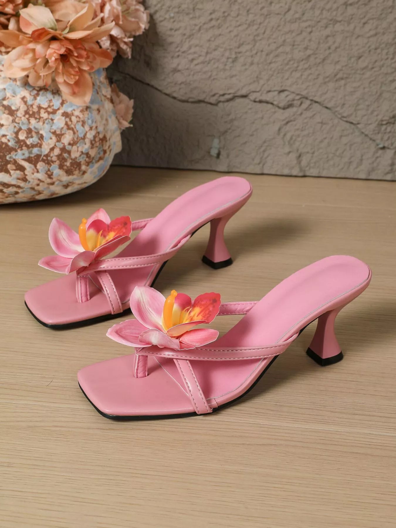 Flower Open Toe Flare Heels Sandals