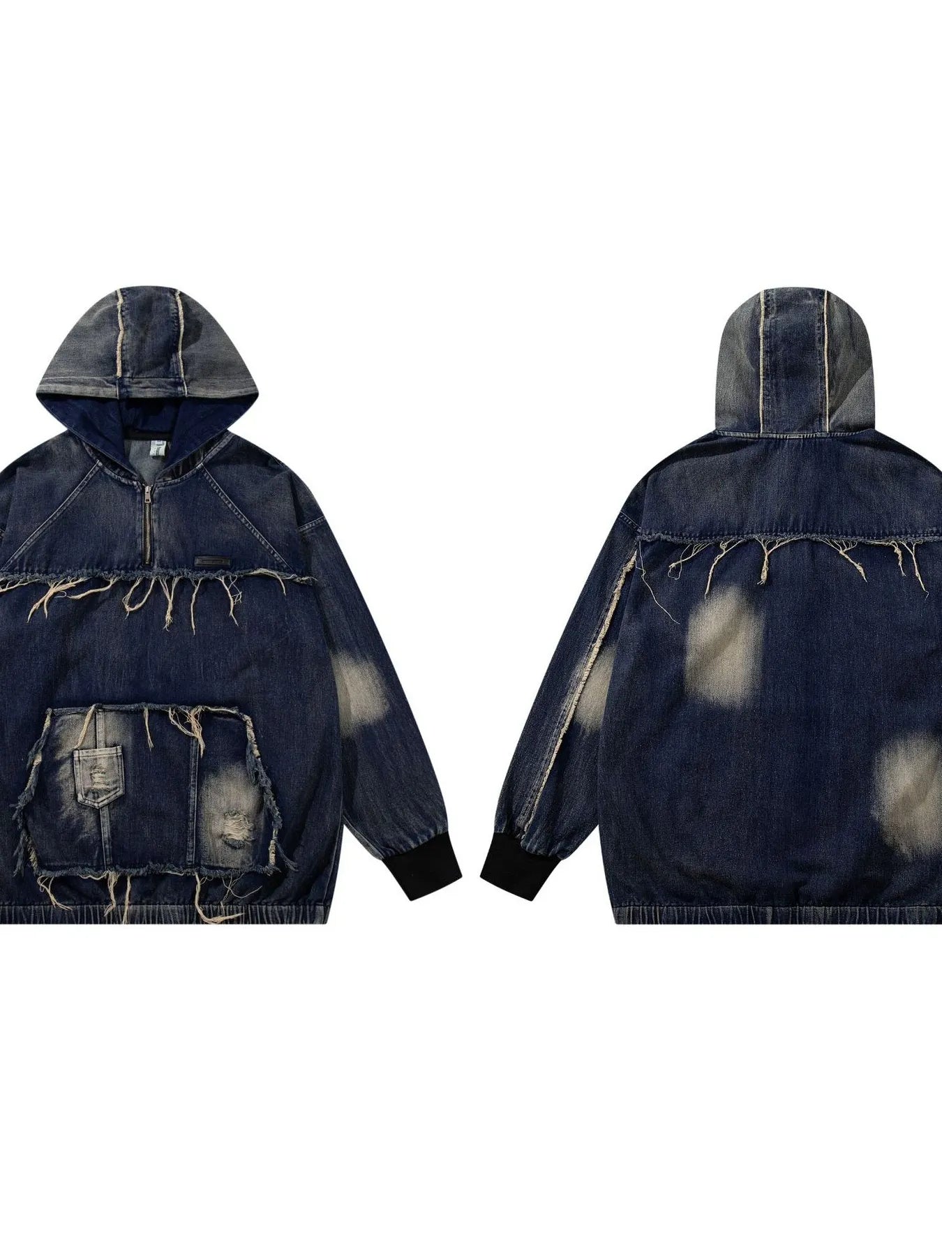 Men's Distressed Denim Patchwork Oversized Hoodie with Frayed Details
