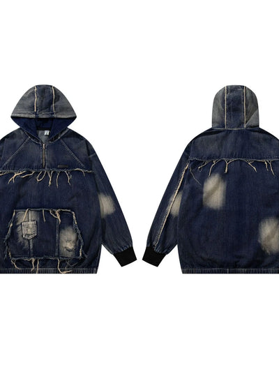 Men's Distressed Denim Patchwork Oversized Hoodie with Frayed Details