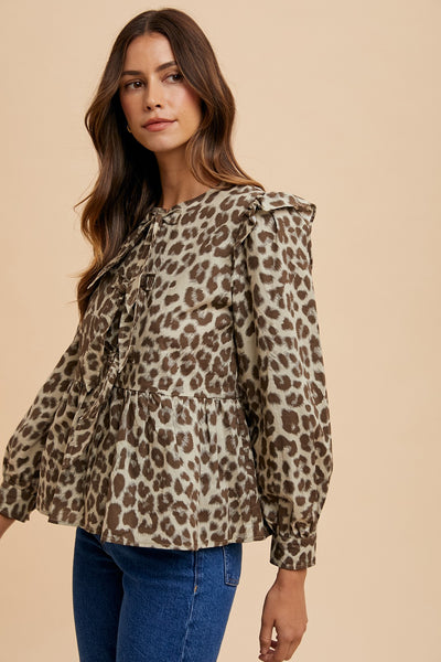 Chic Leopard Print Peplum Blouse with Tied Front and Round Neck