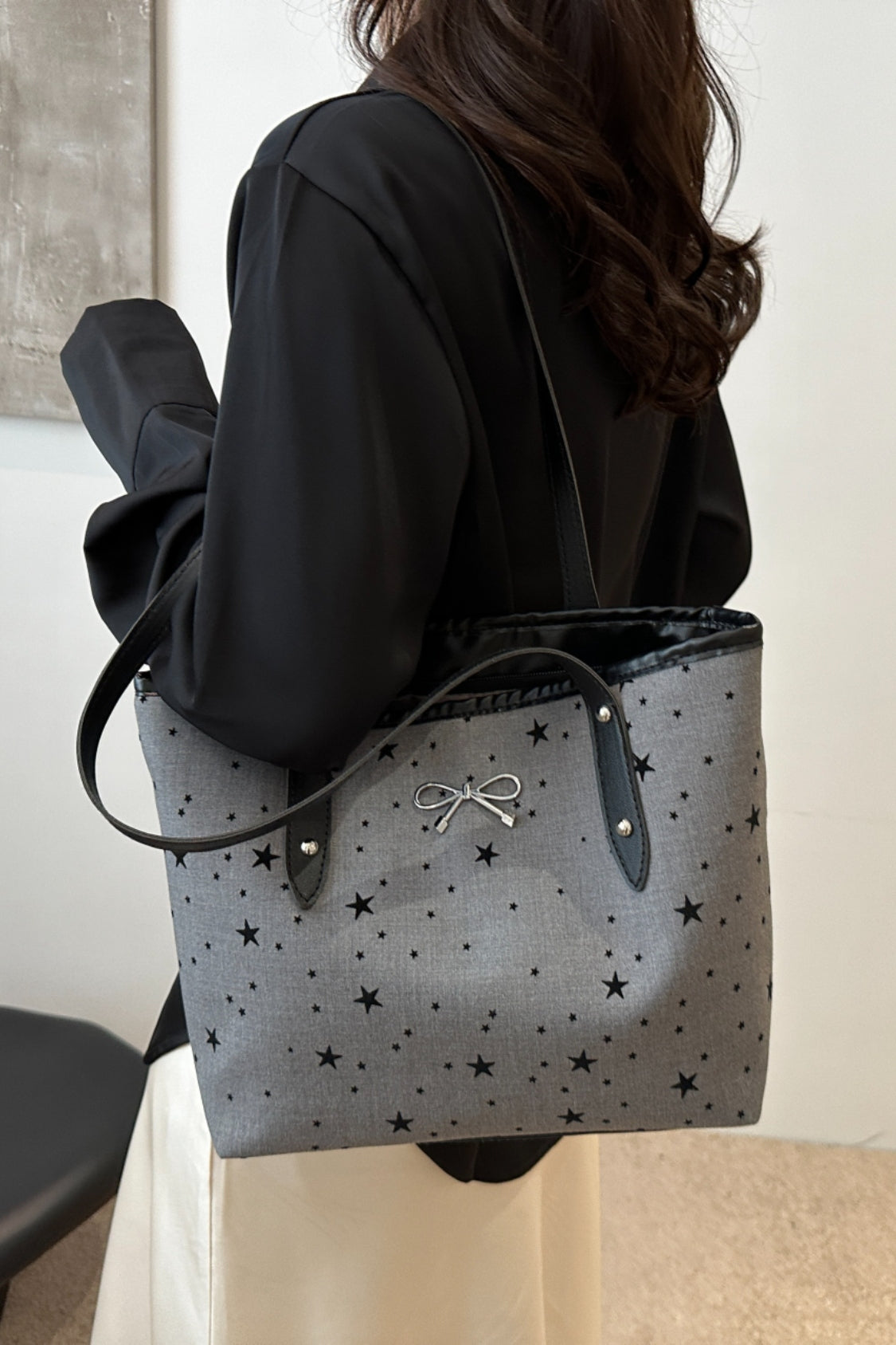 Stylish Bow Trim Polyester Tote Bag for Everyday Use