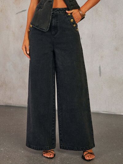 Trendy Button Down Vest & Wide Leg Jeans Denim Set