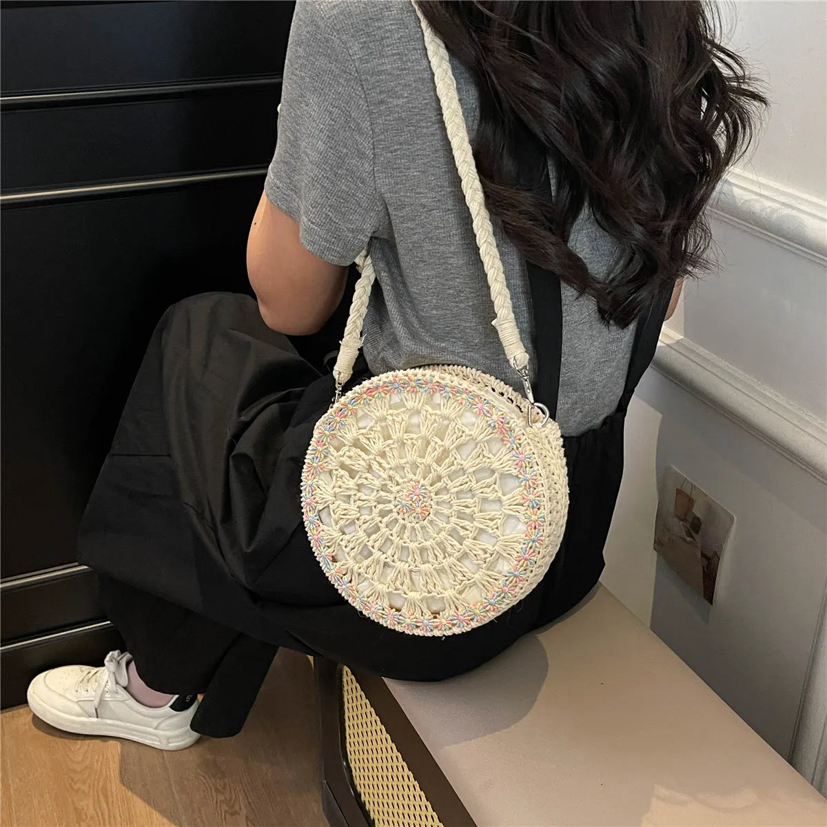 Handmade Round Crochet Straw Handbag