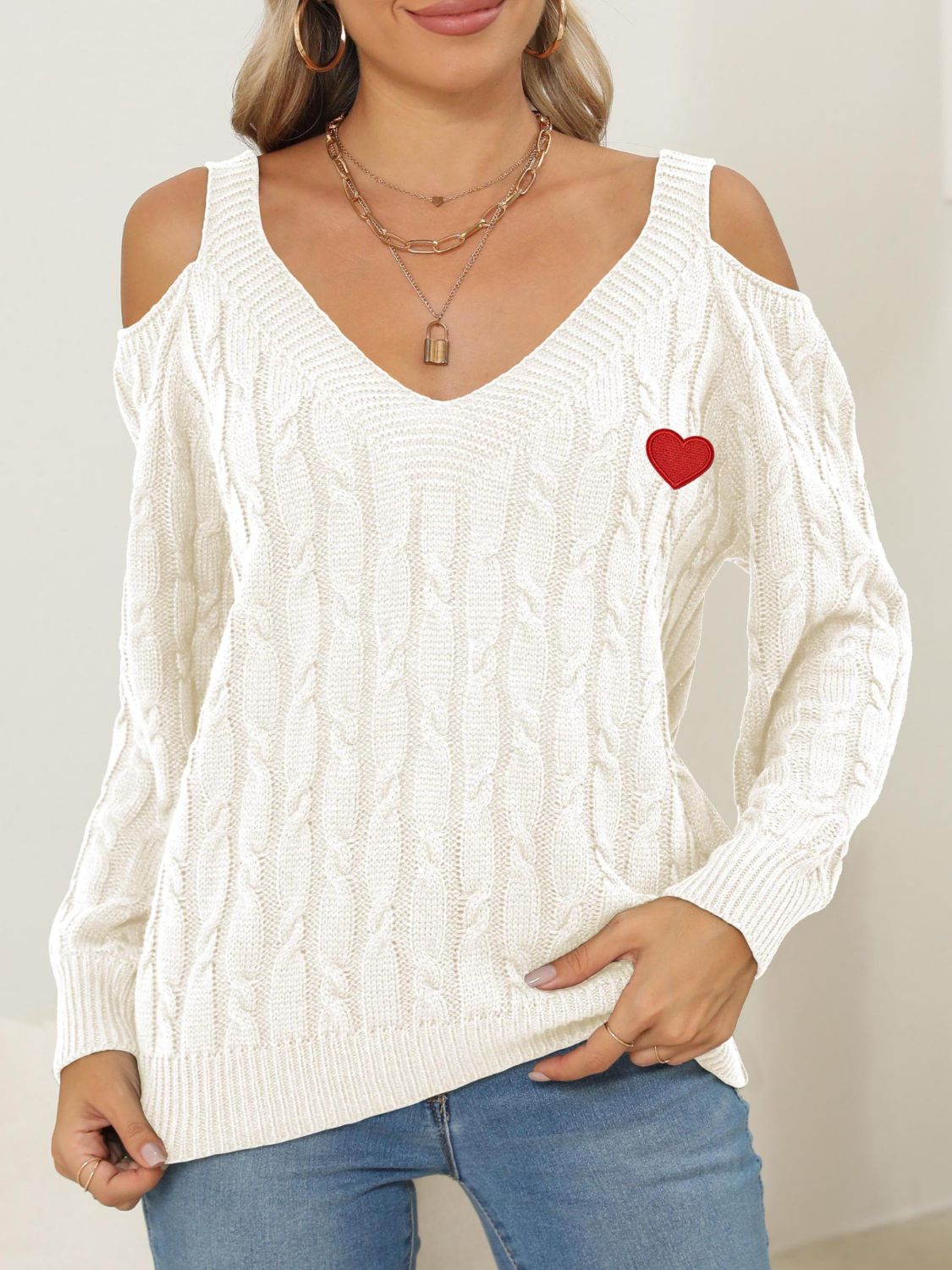 Cozy Cable-Knit Heart V-Neck Sweater with Chic Cutouts