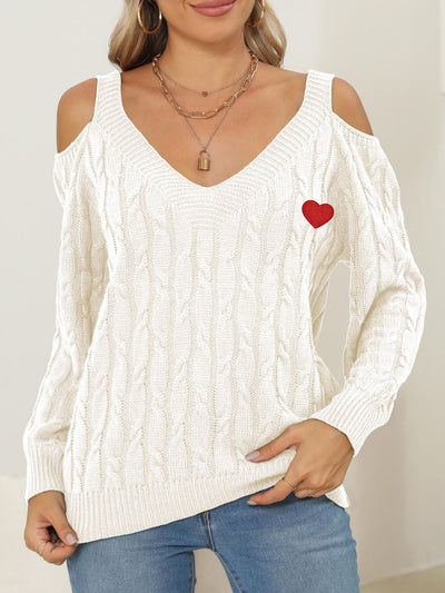 Cozy Cable-Knit Heart V-Neck Sweater with Chic Cutouts