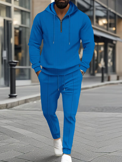 Men's Full Size Waffle-Knit Half Zipper Hoodie and Pants Set Plus Size for Comfort