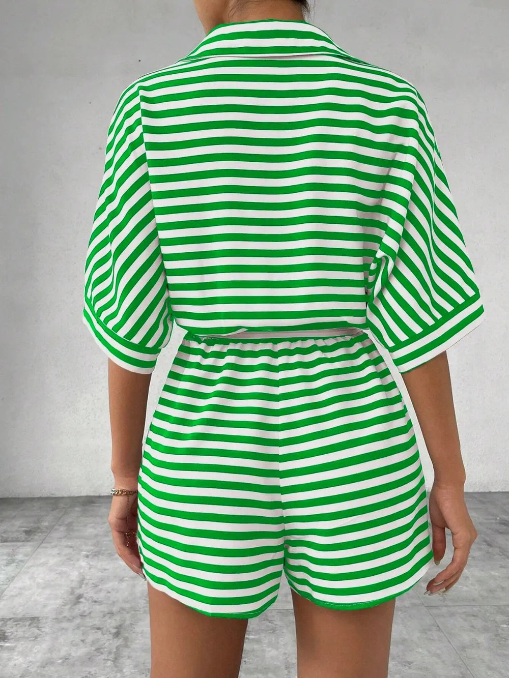 Tie Waist Half Button Striped Romper