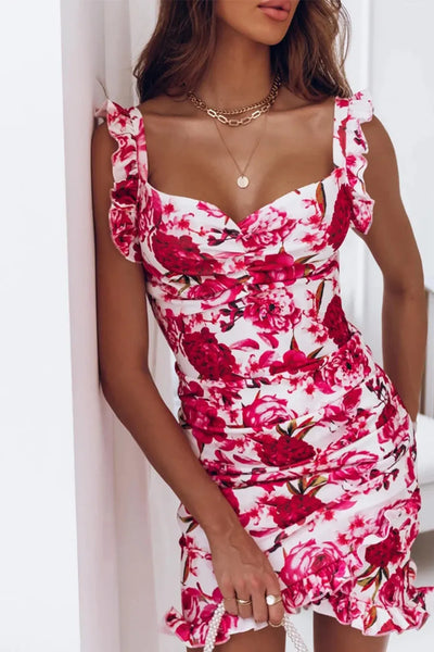 Printed Ruffled Sweetheart Neck Mini Dress