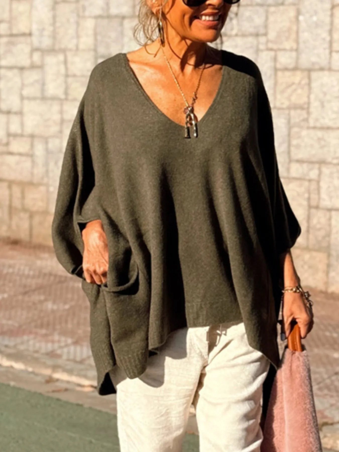 Ribbed Hem V-Neck Sweater