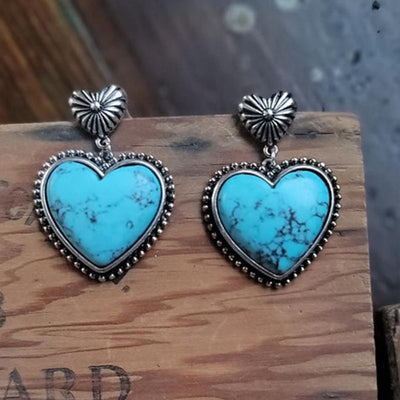 Trendy Turquoise Heart Dangle Earrings with Vintage Charm