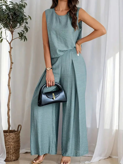 Round Neck Sleeveless Top and Wide Leg Pants Set