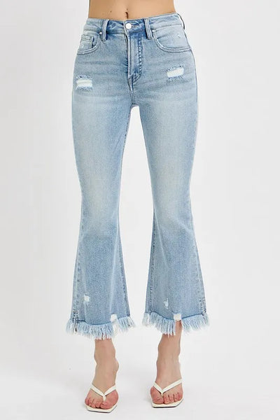 RISEN Full Size Raw Hem Distressed Cropped Flare Jeans Plus Size