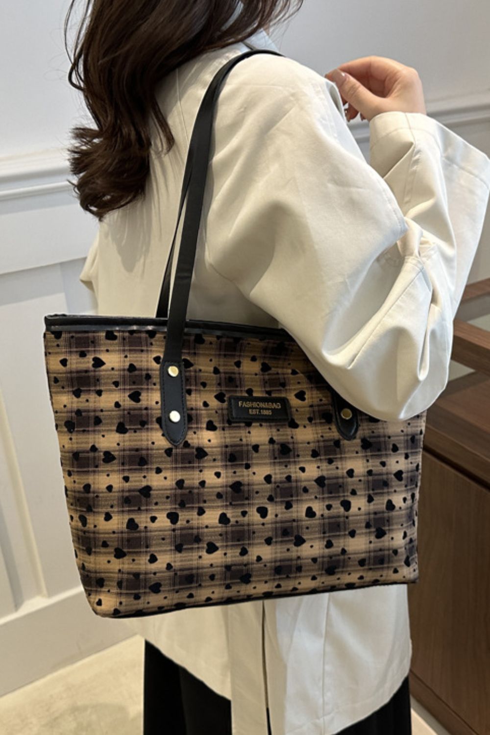 Heart Plaid PU Leather Strap Tote Bag for Stylish Women