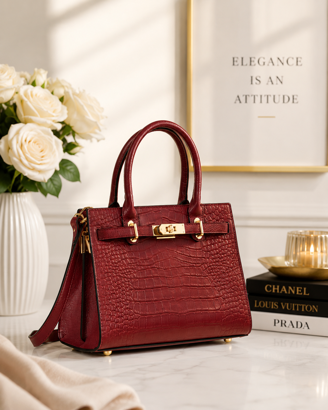 Crocodile-Embossed Leather Top Handle Handbag