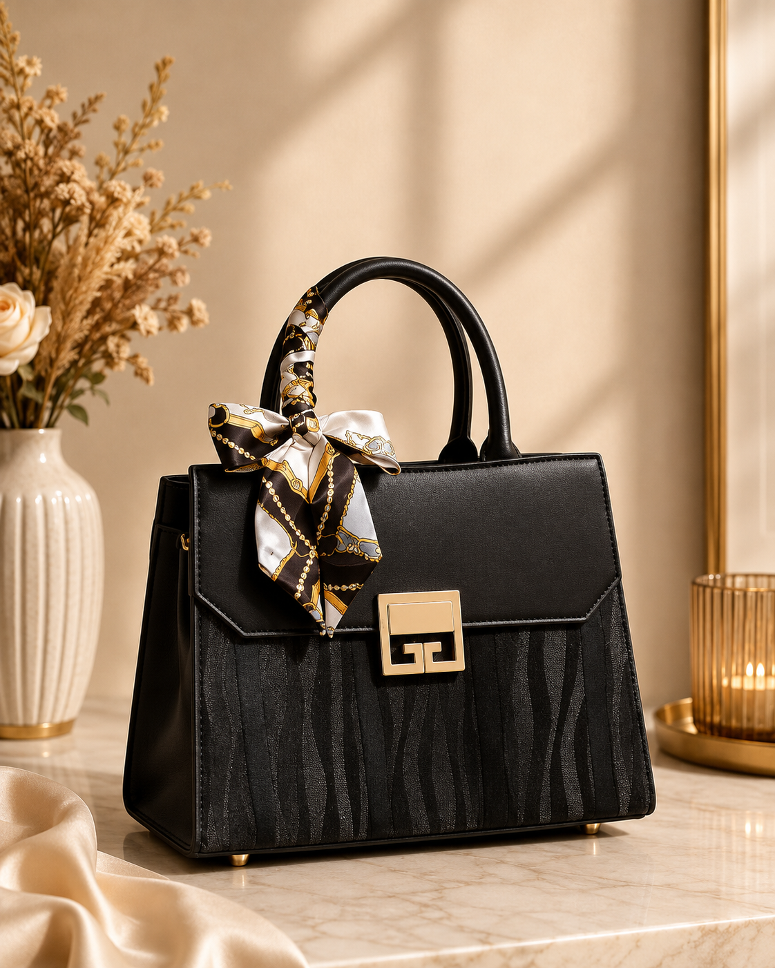 Scarf Decor Leather Handbag