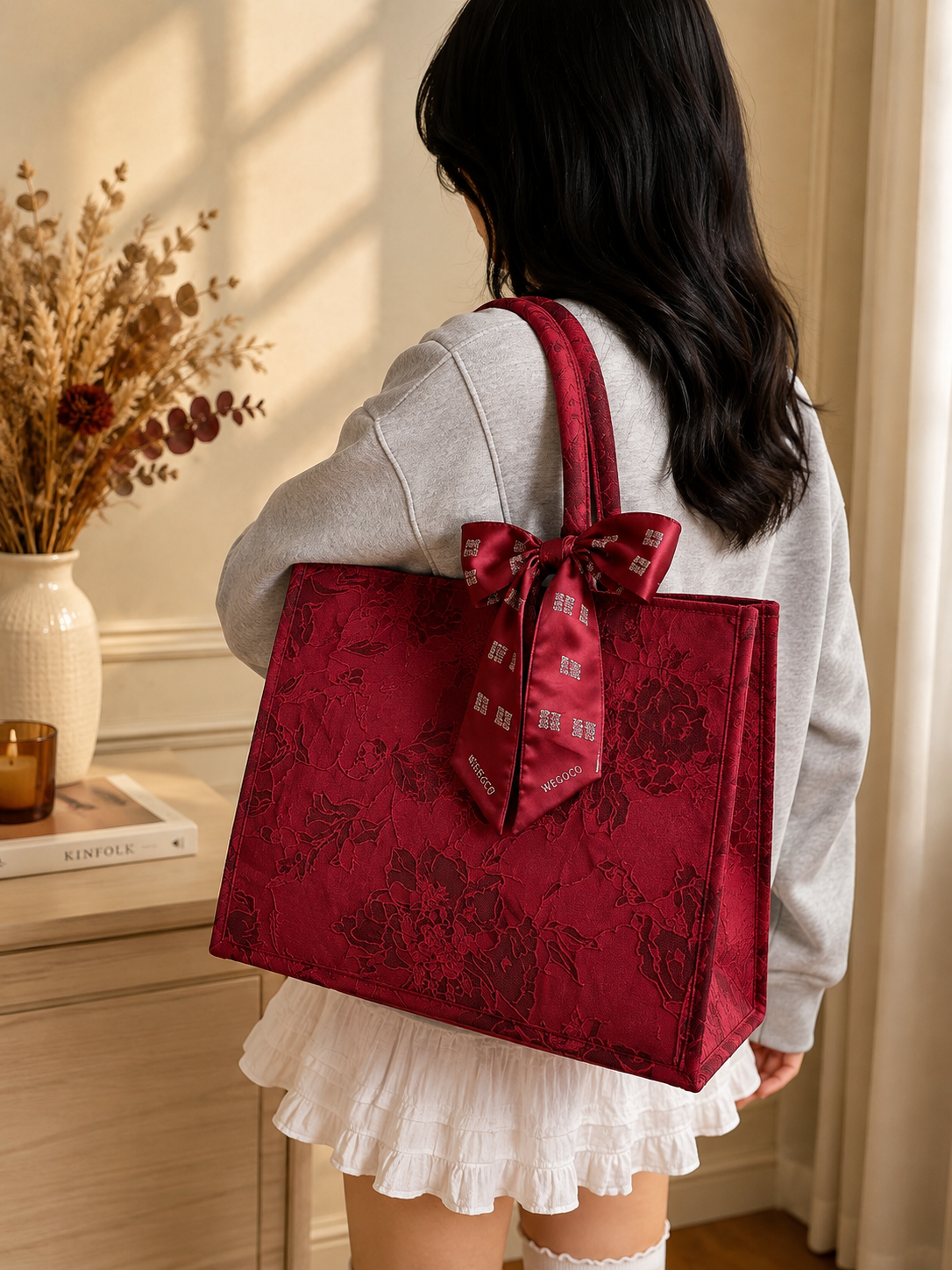 Floral Embossed Tote Handbag with Scarf Accent